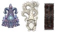 Fantasy realm elements featuring wizard, dragon, and crystal structures for creative designs Royalty Free Stock Photo