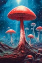 Fantasy red mushrooms in fairytale night forest. Generative AI