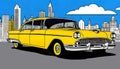 Fantasy retro taxi car and the city skyline