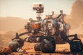 Fantasy robotic rover conducting intricate scientific experiments in the rugged martian landscape