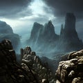 Fantasy rock landscape with mountains and clouds. 3d render illustration.