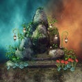Fantasy rock with lanterns and flowers