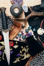 Fantasy role play board game still life concept. Background decorated with various character objects tools. Royalty Free Stock Photo