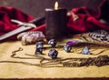 Fantasy role play board game still life concept. Selective focus on dice. Royalty Free Stock Photo