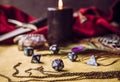 Fantasy role play board game still life concept. Selective focus on dice. Royalty Free Stock Photo