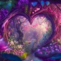 Fantasy romantic background with rose garden and flower arch. Generative AI
