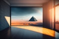 Generative AI: fantasy room with a large window with a pyramid landscape Royalty Free Stock Photo