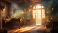 Fantasy room. Mysterious warm light. Magical interior. AI generated