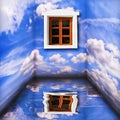 Fantasy room scenery with clouds, water reflectionand window Royalty Free Stock Photo