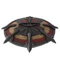 Fantasy round viking wooden shield on an isolated white background. 3d illustration Royalty Free Stock Photo