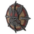 Fantasy round viking wooden shield on an isolated white background. 3d illustration Royalty Free Stock Photo