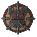 Fantasy round viking wooden shield on an isolated white background. 3d illustration