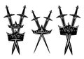 Black and white vector design of king and queen coat of arms with crowns and swords