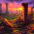 fantasy ruined ancient city at a sunset AI