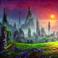 Fantasy ruined ancient city at a sunset AI