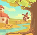 Fantasy rural landscape vector illustration, cute cartoon beautiful summer scenery, village with fairytale house cottage