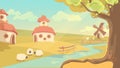 Fantasy rural landscape vector illustration, cute cartoon summer sunny day scenery, countryside village with fairy tale