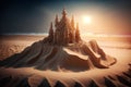 Fantasy sand castle on the beach at sunrise. 3d render Royalty Free Stock Photo