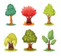 fantasy scary trees. halloween horrible nature trees characters set, haunted creepy party decoration. vector cartoon