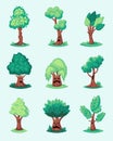 fantasy scary trees. halloween horrible nature trees characters set, haunted creepy party decoration. vector cartoon