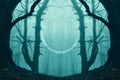 A fantasy, sceince fiction concept of a glowing, portal, gateway floating above a track in a spooky misty forest