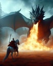 fantasy scence of a knight on horseback facing a huge fire breathing dragon