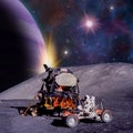 Fantasy scene of an Astronaut on an alien moon. Royalty Free Stock Photo