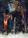 Fantasy black unicorn in ancient ruins