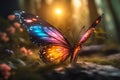a fantasy scene with a butterfly in a stunning setting, gracefully flying in garden