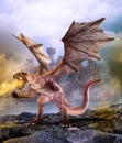 Fantasy scene dragon attacking castle
