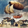 Fantasy flying ship over a town Royalty Free Stock Photo