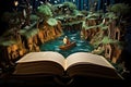 Fantasy fantasy scene with a man in a boat and a book, Embark on a whimsical journey through a literary wonderland, where floating