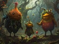 Fantasy scene with fantasy monsters in the old forest. 3d illustration