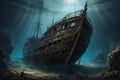 Fantasy scene with an old ship in the sea Royalty Free Stock Photo