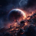 Fantasy scene with planet and moons in deep space. 3D rendering Royalty Free Stock Photo