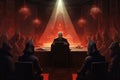 Fantasy scene with a priest in a dark room with red lighting, a secret society meeting plotting a conspiracy, AI Generated