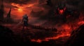 Fantasy scene with a samurai warrior against the backdrop of a burning field.