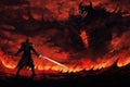 Fantasy scene with a samurai warrior against the backdrop of a burning field.