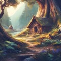 A fantasy scene with small cabins in a big forest