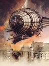 Fantasy steampunk zeppelin over a city