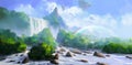 Fantasy scene with waterfall, 3D illustration