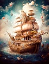 Generative AI: fantasy scenery of the boat on the shore with amazing sky