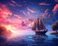 fantasy scenery of the boat on the shore with amazing sky scenery.