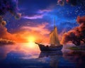 fantasy scenery of the boat on the shore with amazing sky scenery.