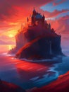 fantasy scenery, castle on the rocks, frozen planet with sea, generative ai illustration