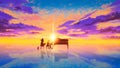 Fantasy scenery silhouette of a couple and pet at the tropical sea with a sunset. They play music with piano and violin and float