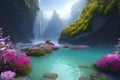 Fantasy dreamland illustration of lake, full of flowers, mountains