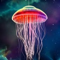 A fantasy sci-fi jellyfish in space, floating in space among the stars.