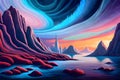 Fantasy sci-fi landscape with mountains and ocean, starry sky, wave pattern wallpaper, abstract illustration, generative ai