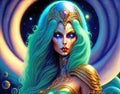 Beautiful magical sci-fi turquoise Queen AI art